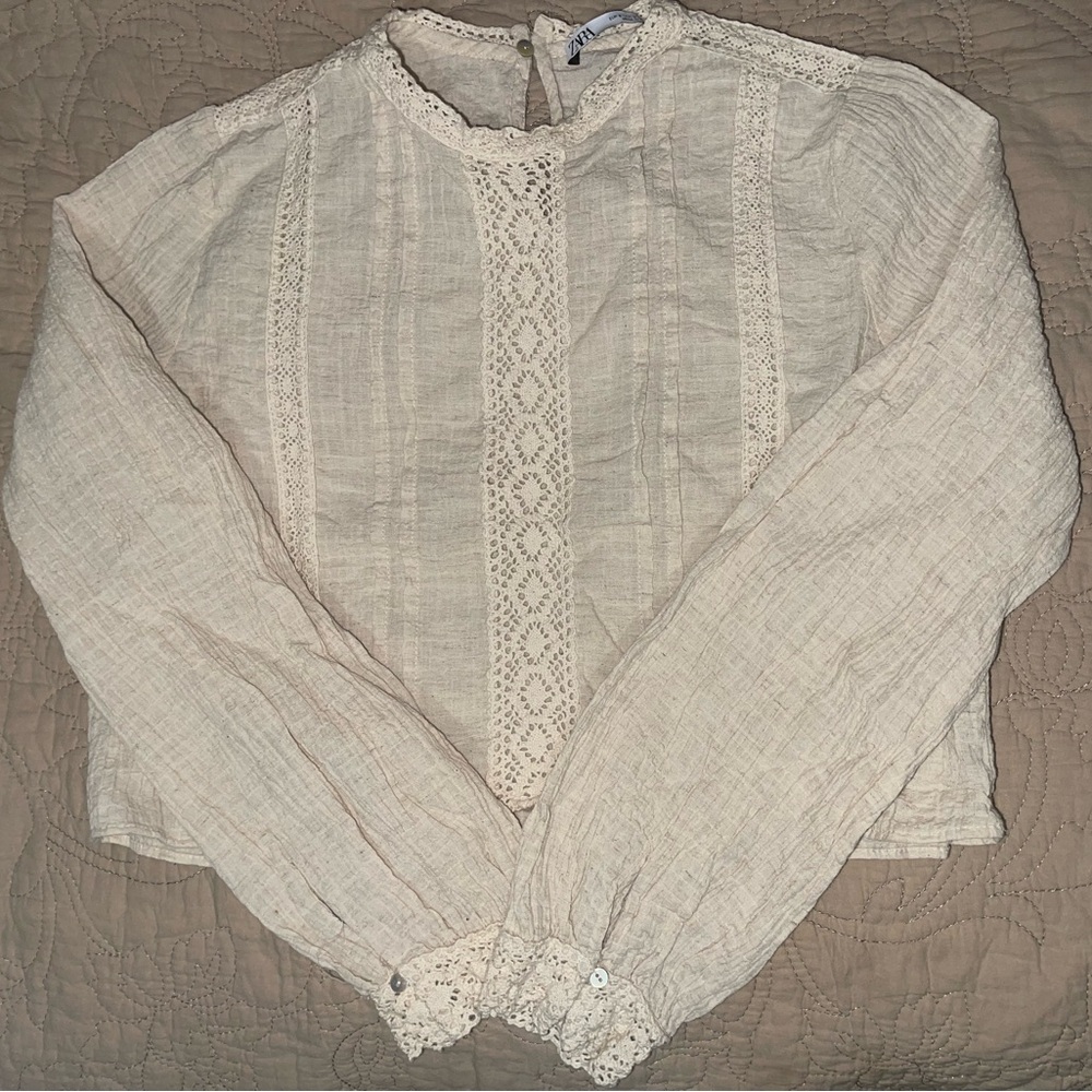 ZARA floral embroidered long sleeve blouse